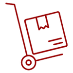 Pittogramma raffigurante un carrello a mano che trasporta un cartone, simbolo di consegna o trasporto.